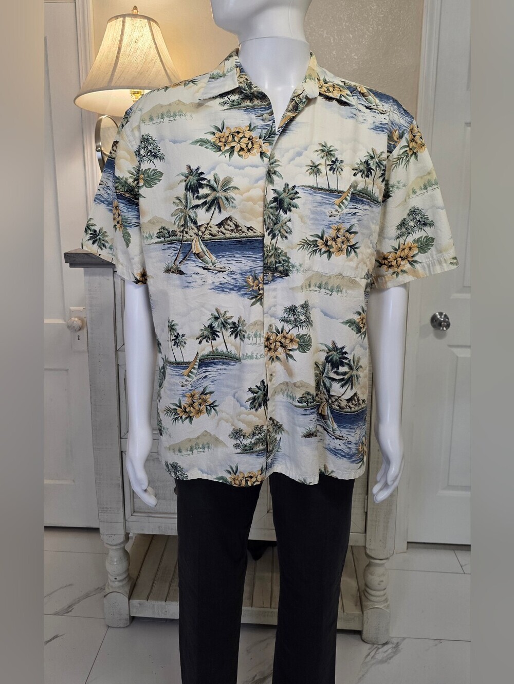 Pierre Cardin Cream Shirt with Blue and Green Tropical Print